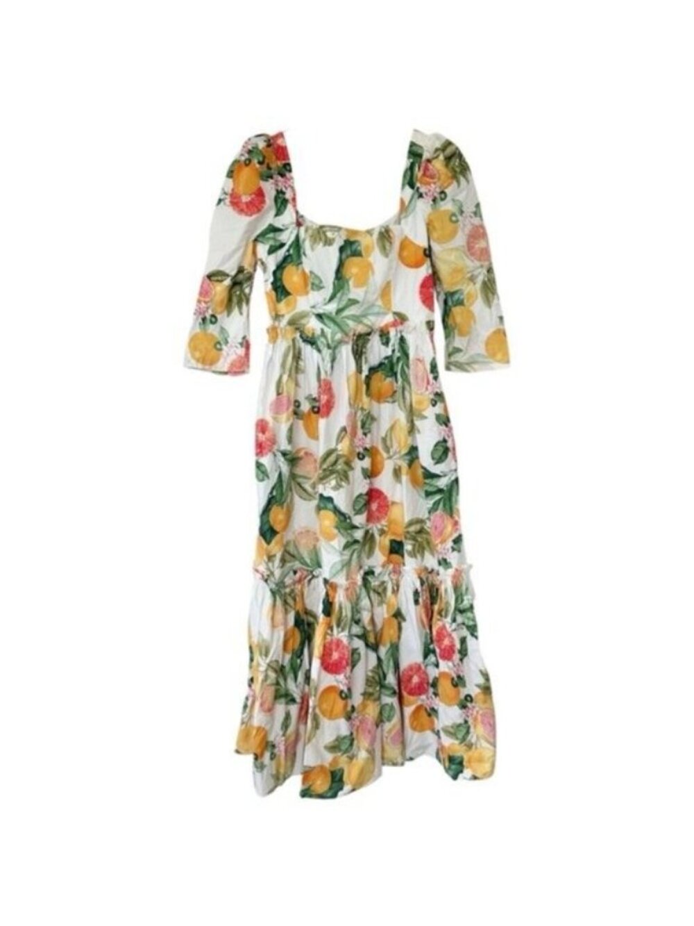 Cara Cara Blue Hill Citrus Fruit Print Cotton Tiered Maxi Dress Size 2 - Picture 3 of 13